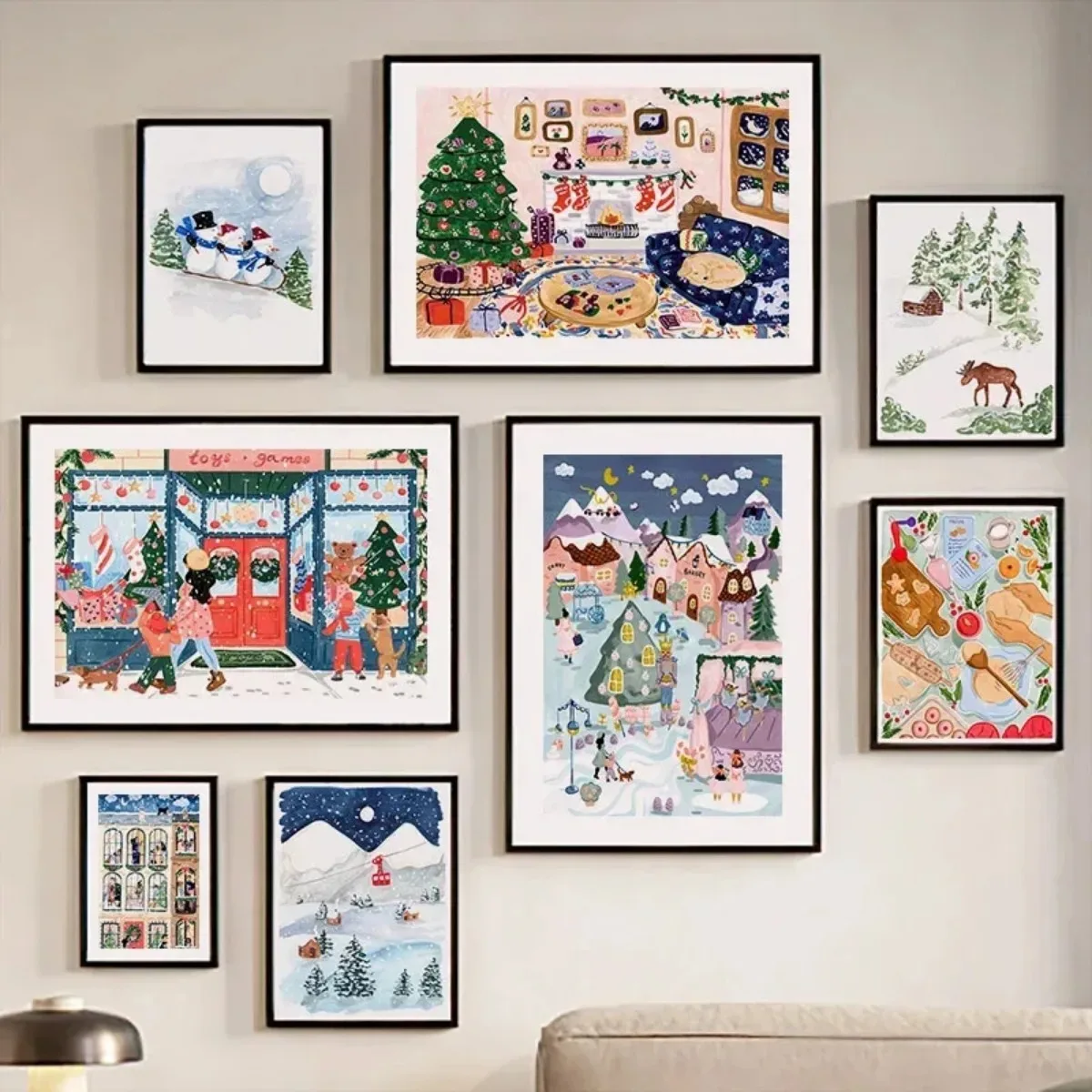 Cartoon Winter Christmas Gift Ski Skate Fireplace Posters Prints Canvas Painting Nordic Wall Art Pictures Living Room Home Decor