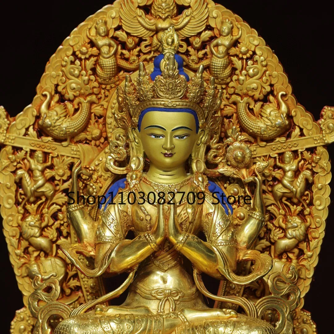 Tibetan brass gilt painted face drawing gem four arms Guanyin Tara ornament home incense case Buddhist hall ornament 34 cm