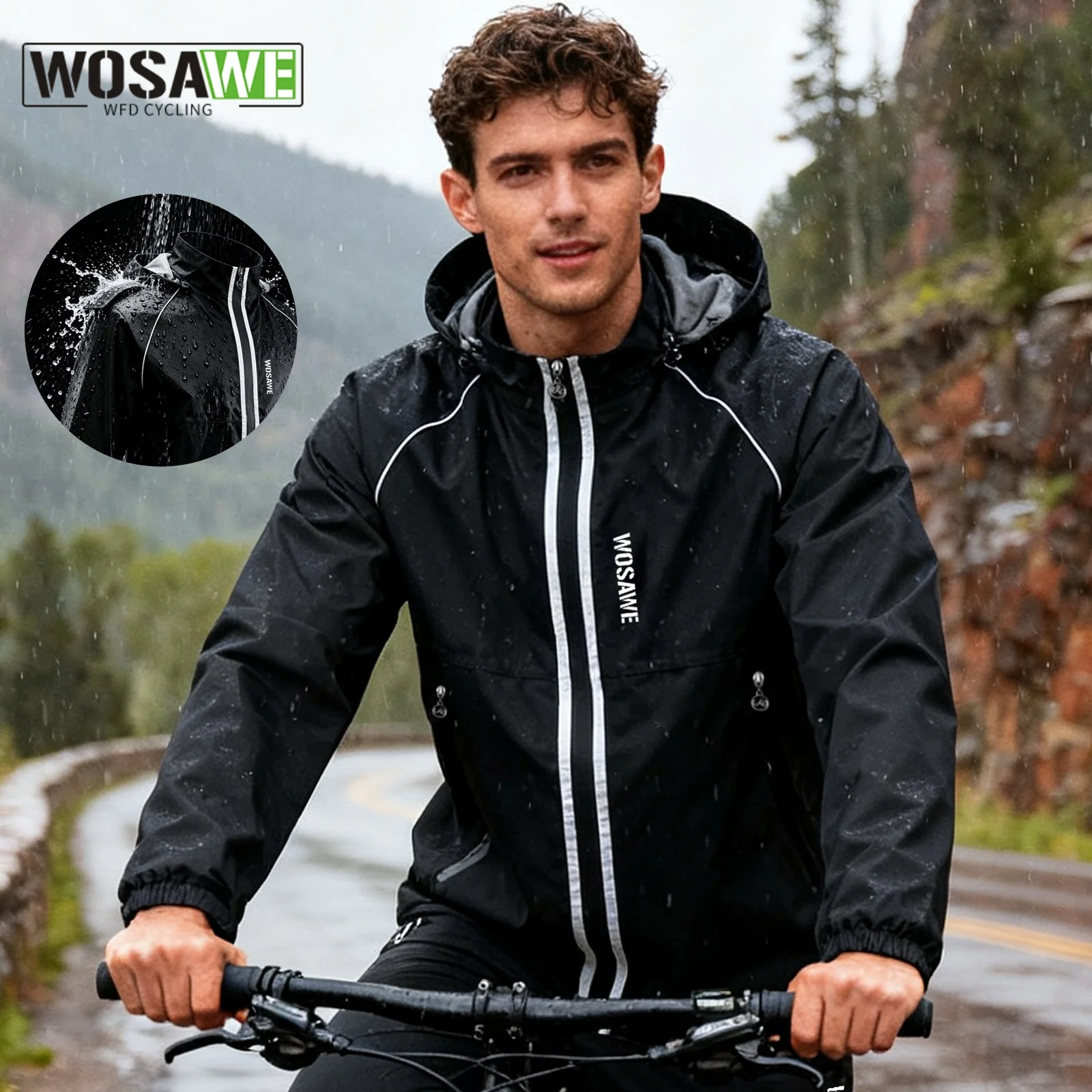 

WOSAWE Raincoat Cycling Waterproof Jacket Lightweight Motorcycle Rain Coat Breathable Reflective Hooded Outdoor Windbreaker
