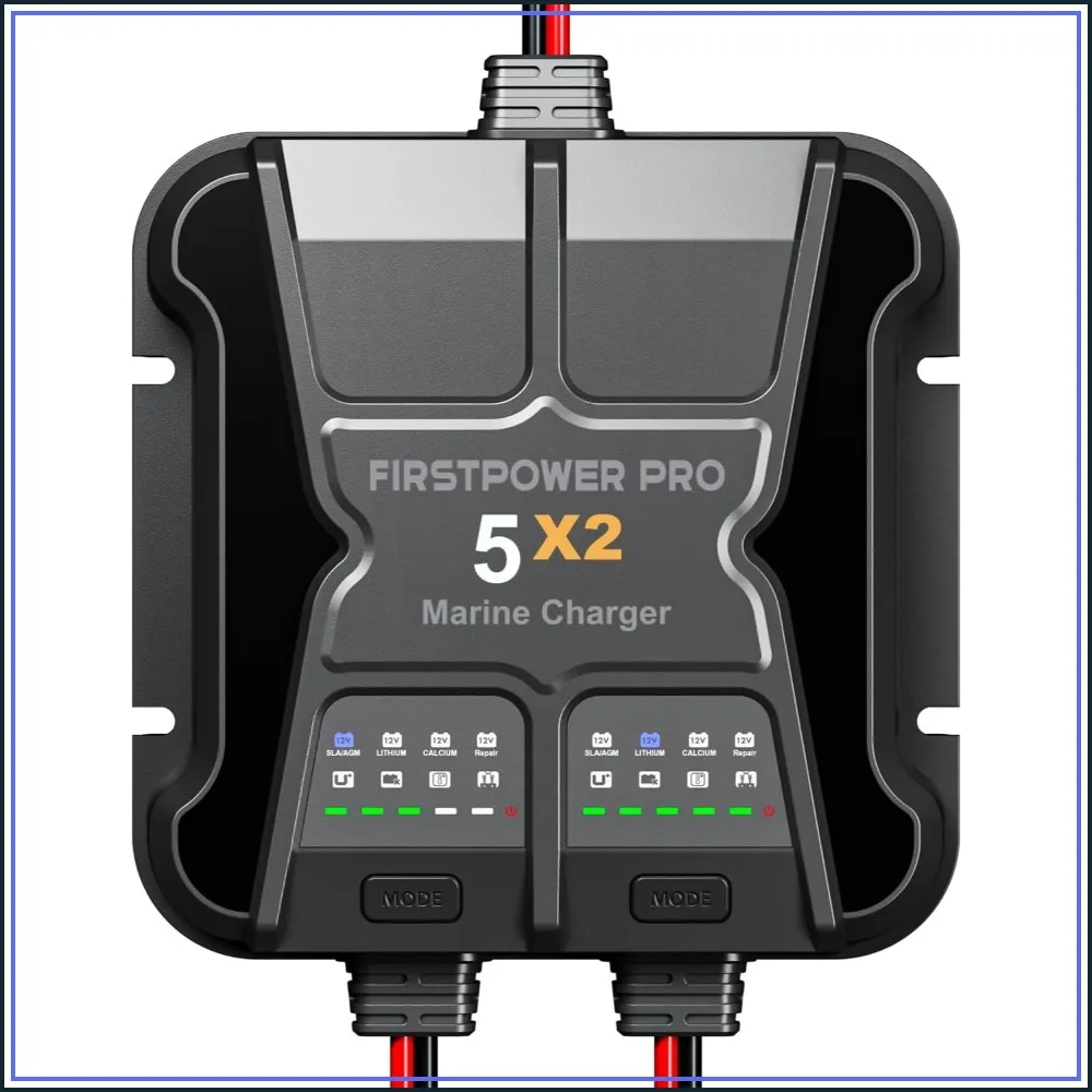 Cargador de Baterías Marino de 10A y 2 Bancos, 5A/Banco - Cargador a Bordo Impermeable de 12V para Baterías SLA/AGM, LiFePO4, de Calcio y de Ciclo Profundo