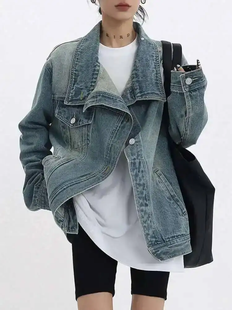 SHENGPALAE Fashion Women’s Denim Coat Turtleneck Single Breasted Full Sleeve Patchwork Versatile Jacke Autumn 2026 New 5R4436 3 SHENGPALAE Fashion Women's Denim Coat Turtleneck Single Breasted Full Sleeve Patchwork Versatile Jacke Autumn 2026 New 5R4436 3