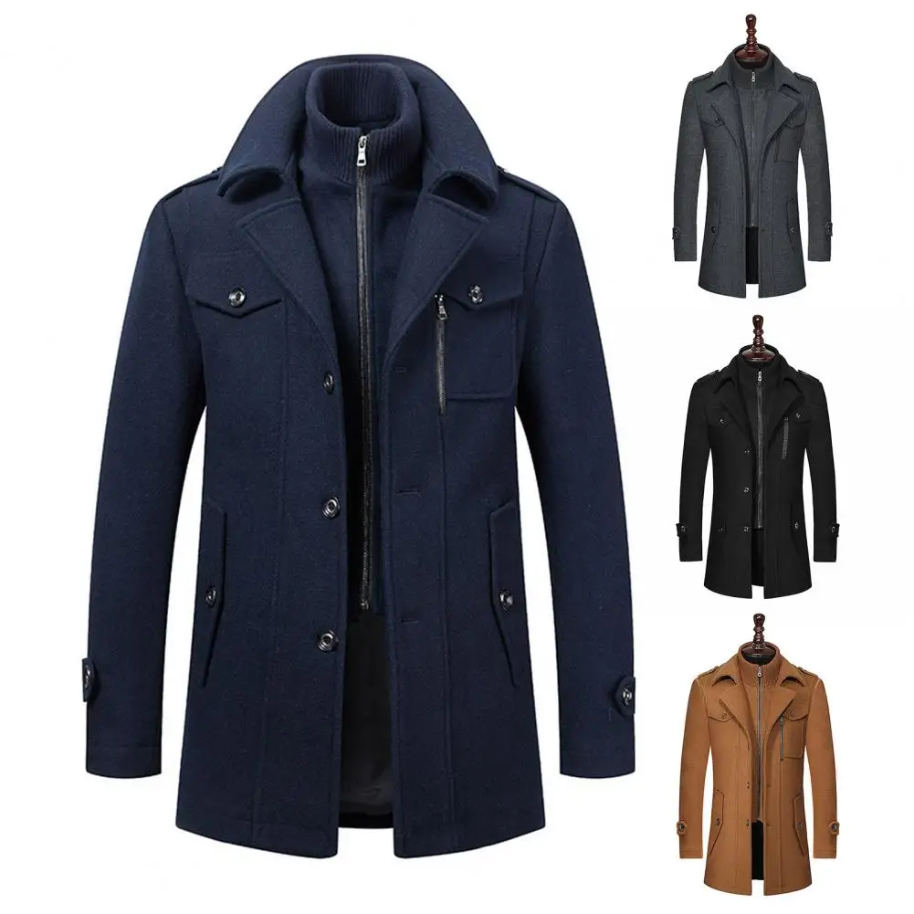 Men Woolen Coat Button Cuffs Coat Men's Woolen Coat Mid-length Business Outerwear Stand Collar Lapel Jacket Long Sleeve Solid
