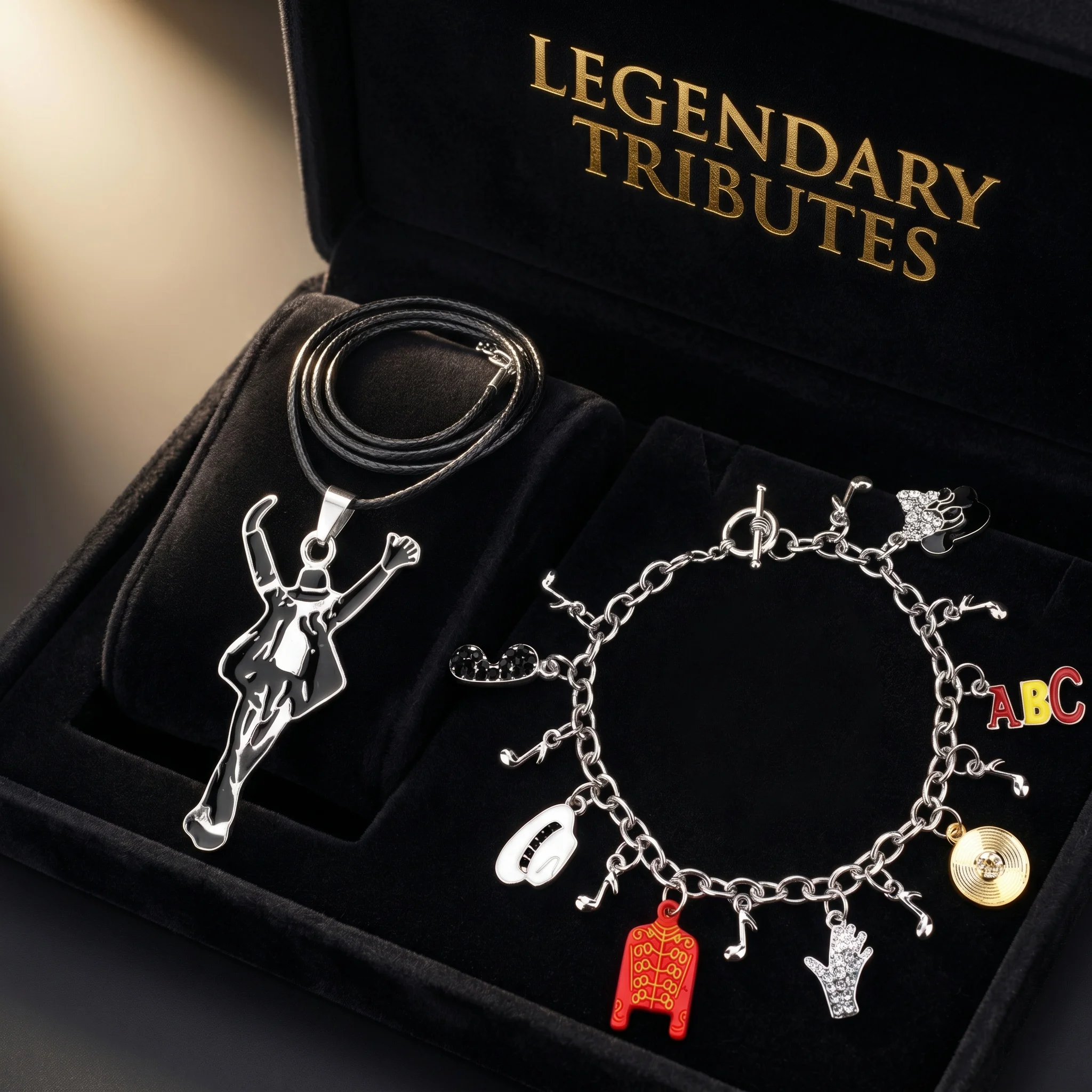 Michael Jackson Jewelry Set King Of Pop MJ Dancing Figure Pendant Necklace Multi Charms Bracelet Music Fan Memorial Gift Rock Pu