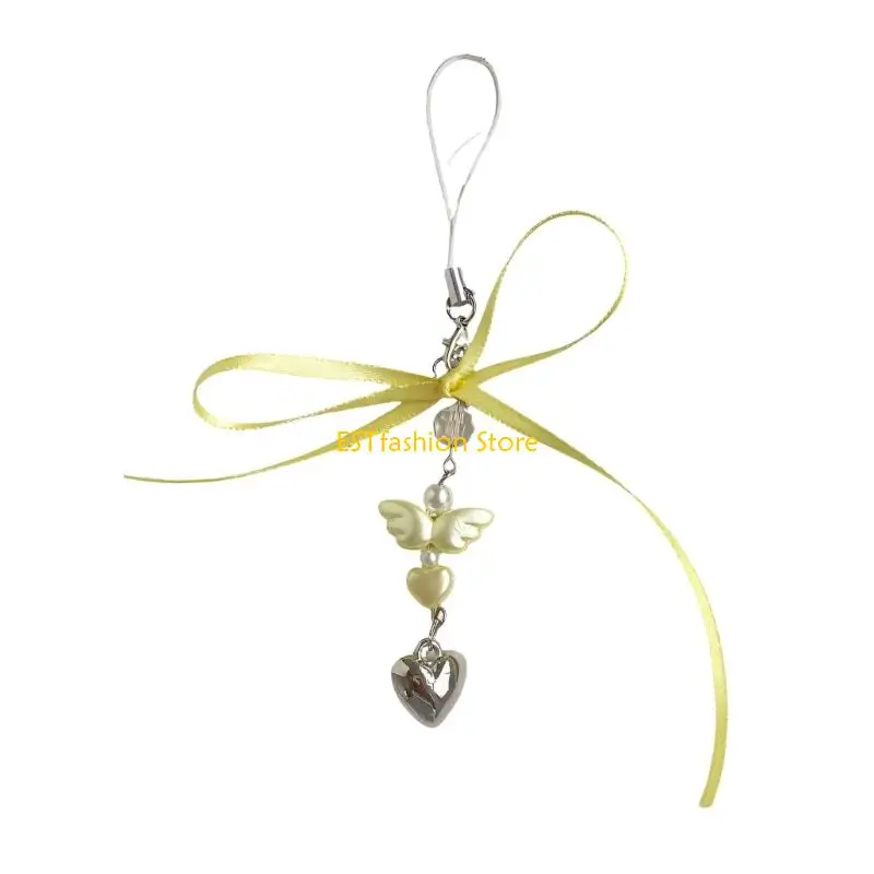 Y5GC Pretty Pink Blue Yellow Phone Lanyard With Angel Wing And Bowknot Design