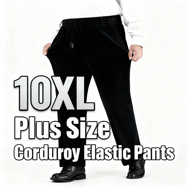

10XL Plus Size Men's Corduroy Pants Elastic Waist Drawstring Casual Trousers Anti Wrinkle Non Ironing Loose Straight Leg Pants