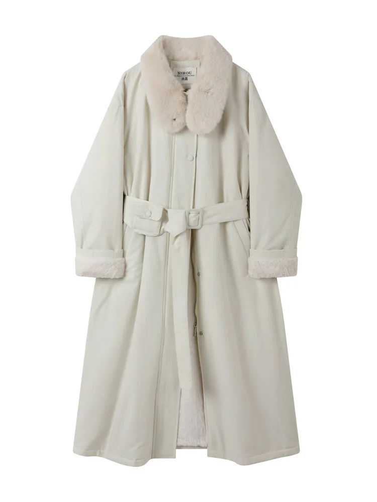 ZMEENNA Damski Długi Płaszcz Trencz Brązowy z Kołnierzem ze Sztucznego Futra, Wyściełany Shearlingiem, Zapinany na Guziki, z Paskiem w Talii, Odzież Zimowa ZM4495