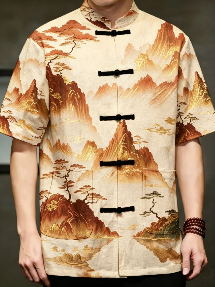 Men Chinese Mountain Landscape Tang Suit Summer Mandarin Collar Frog Buttons Short Sleeve Shirt New Traditional Male Clothes