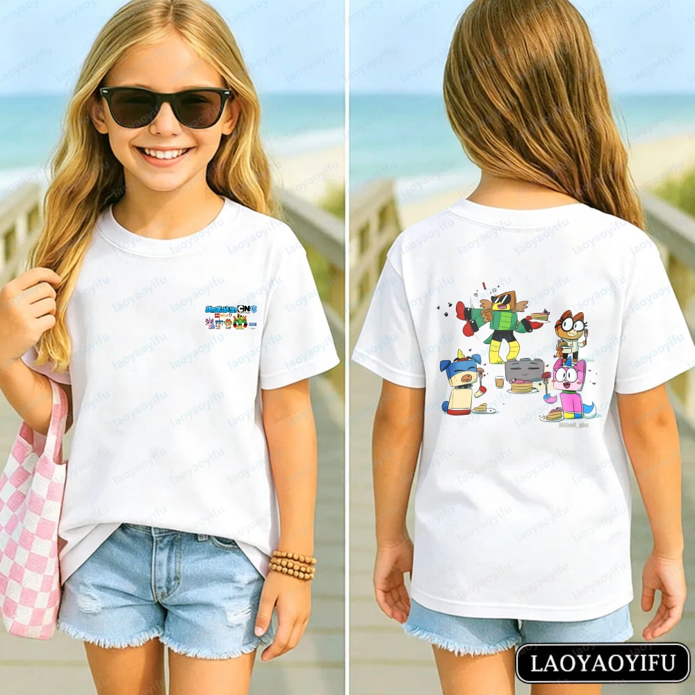 Unikitty Funny Pancake Party Print Kids T-Shirt Summer Soft Cotton Short Sleeve Tee Gift for Boys Girls Children's Clothing