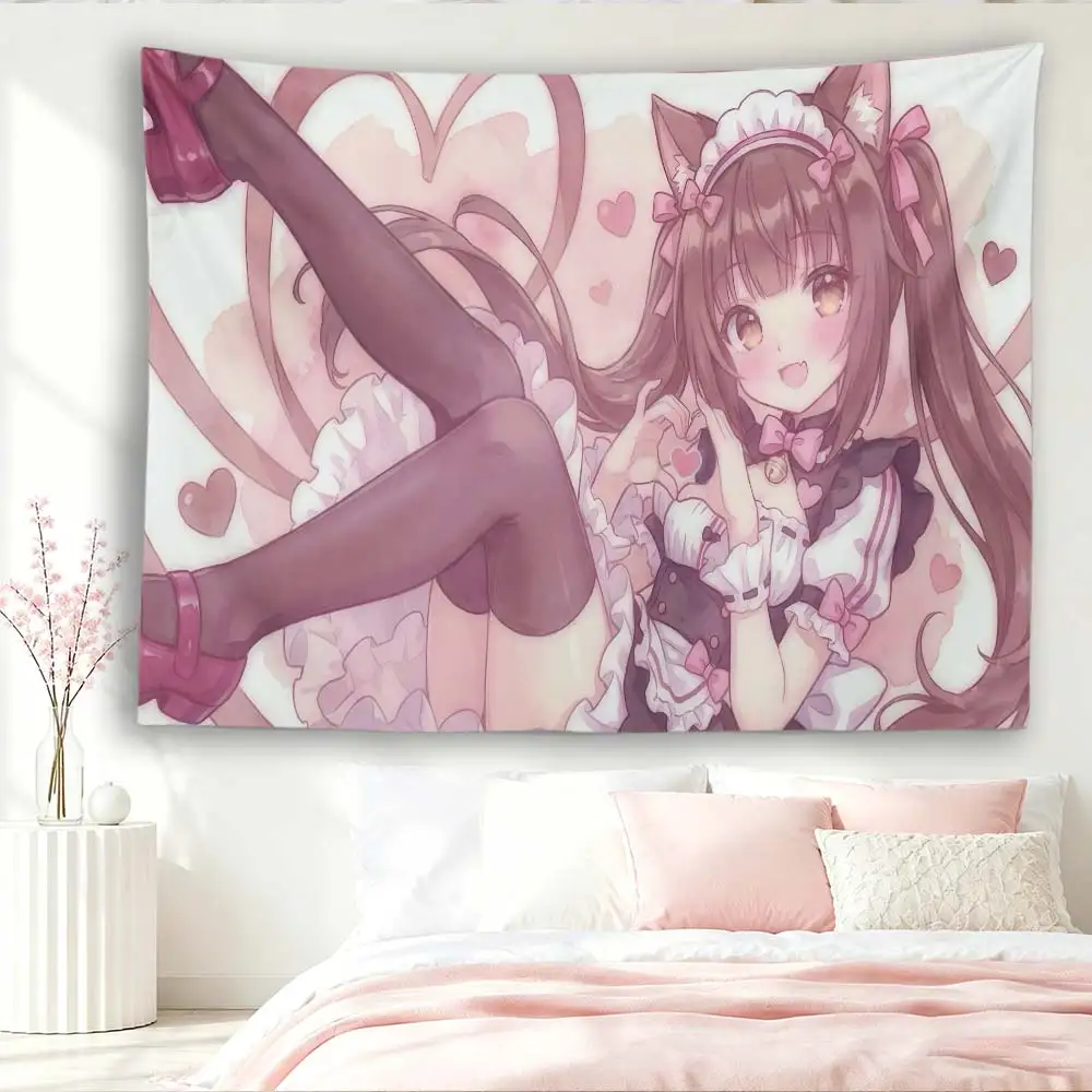 Nekopara Chocola Tapestry, Cute Cat Ear Maid Anime Girl Wall Hanging, Pink Heart Kawaii Polyester Wall Cloth for Bedroom Dorm