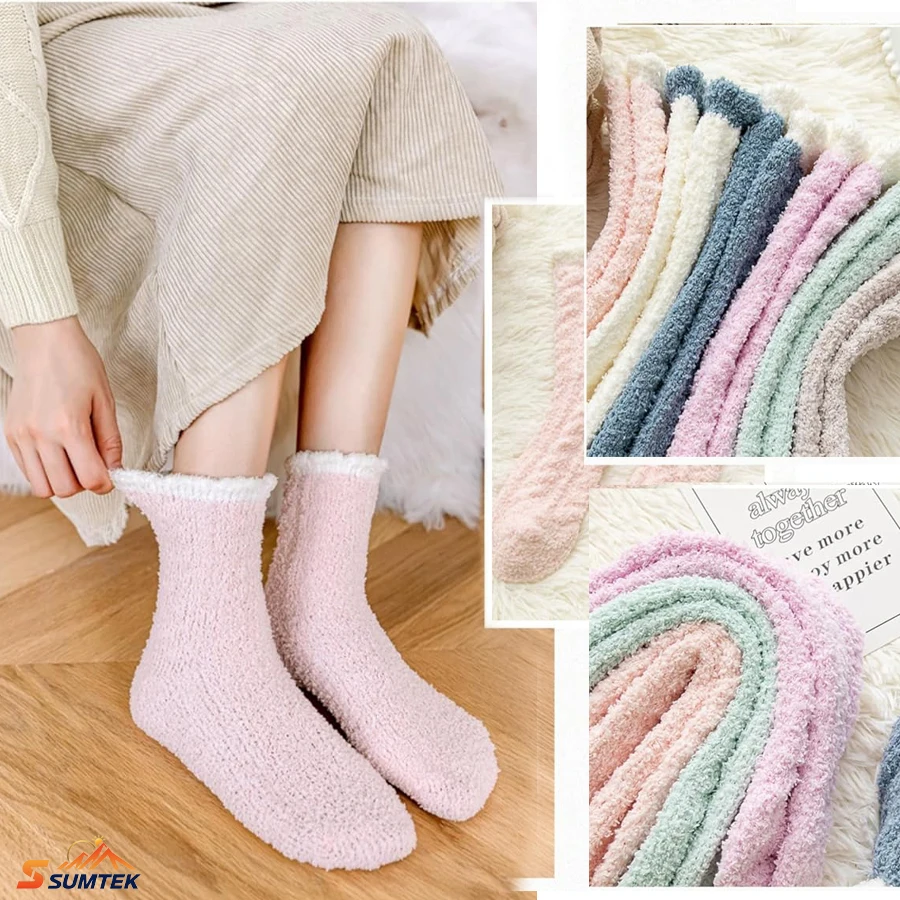 6 пар носков из кораллового флиса, нечеткие, мягкие, уютные, зимние, утолщенные, теплые, однотонные, домашние носки-полотенца для сна