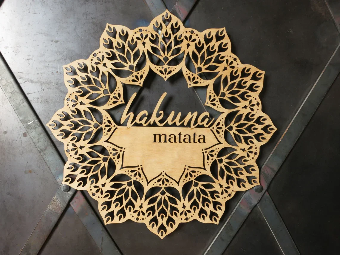 Hakuna Matata Wood Ornament, wood mandala, filigree wall hanging, optimistic sign, housewarming gift,hippie eco custom words art