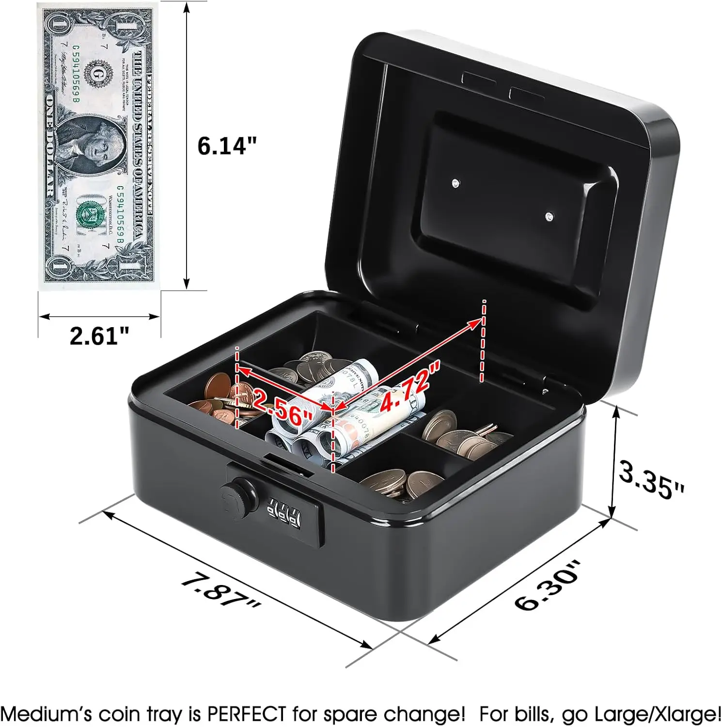 Cash Box with Combination Lock Safe Metal Money Box with Money Tray for Security Lock Box 7.87