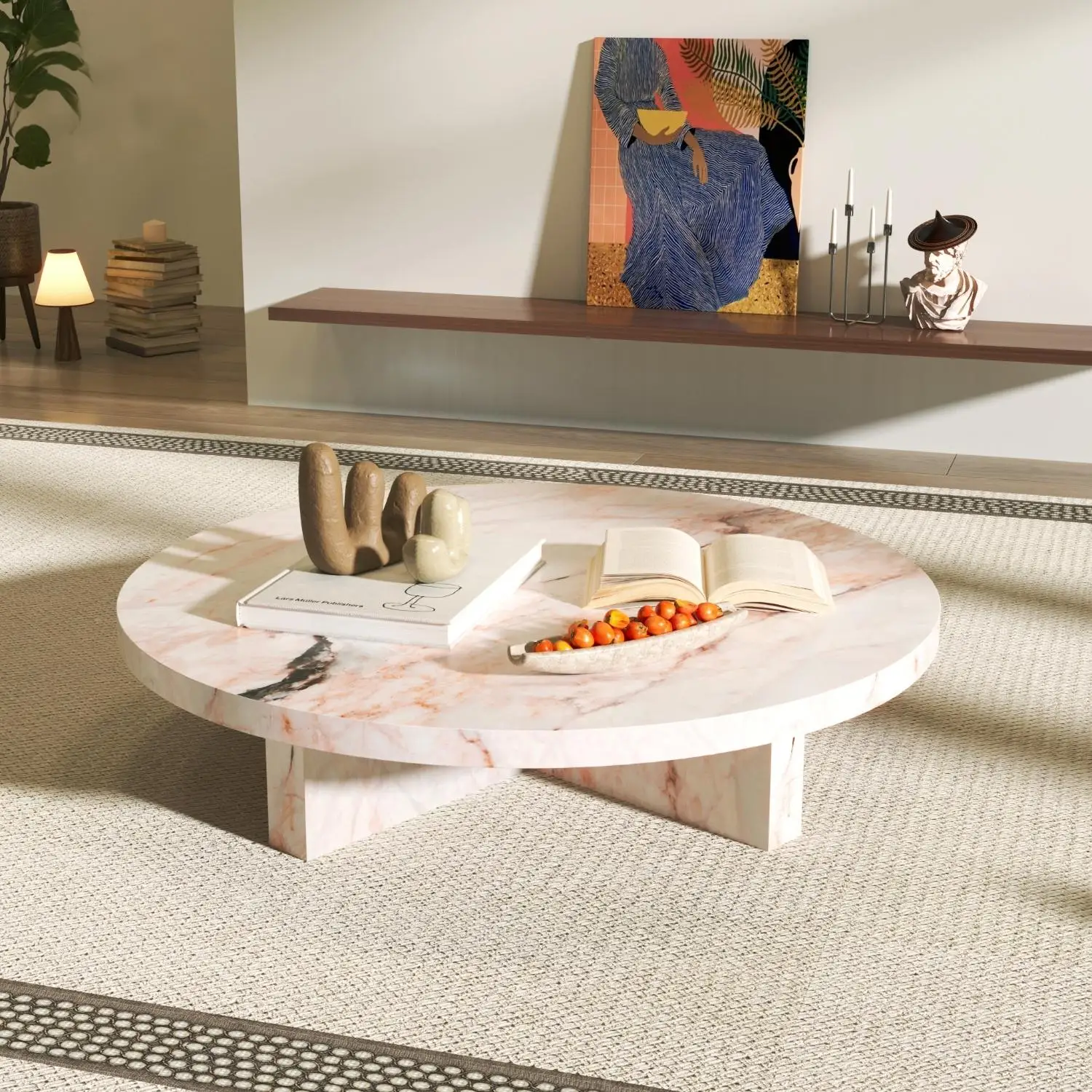 

"Pink Jade Round Coffee Table - Luxury Marble Slate Side Table for Spacious Living Room, High-End Stone Tea Table"