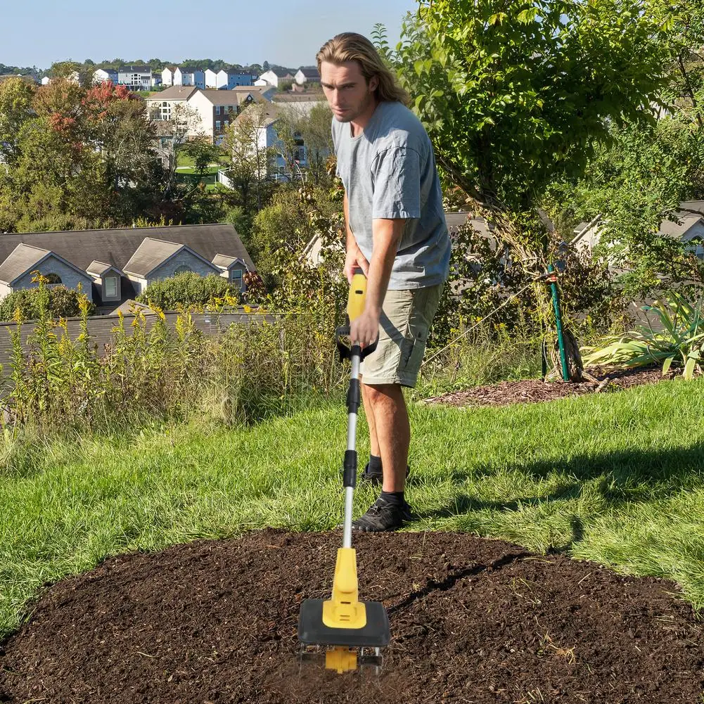 

21V Cordless Tiller Cultivator, 310RPM Battery Powered Garden Rototiller with 2*3000mAh Batteries & Charger, 9In Tilling Width &