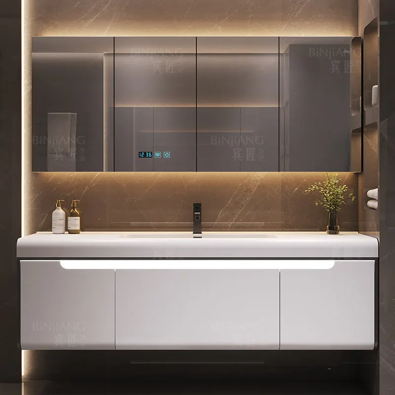 

Современный минималистичный комплект мебели для ванной комнаты: тумба с интегрированной раковиной для умывания.