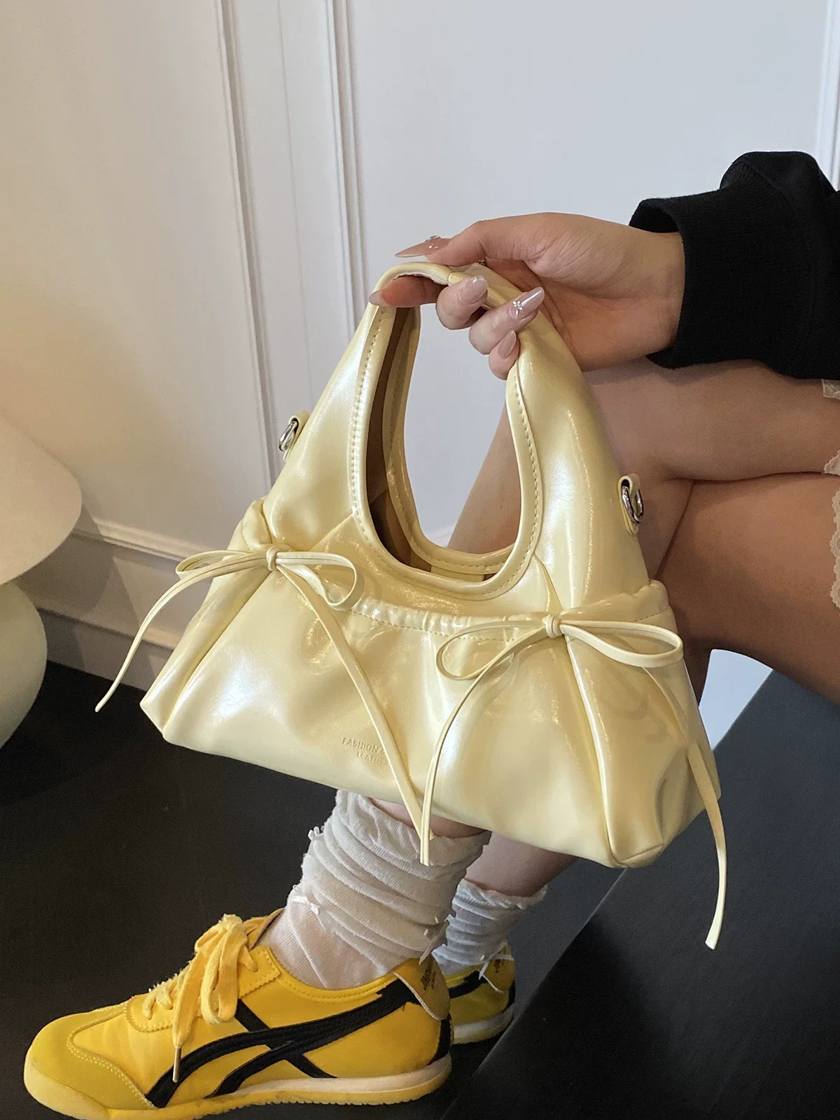 

Trendy Bow Shoulder Bag For Women Summer Yellow Underarm Bag Daily Crossbody Bag Casual Ladies Dumpling Hobo Handbags and Purses