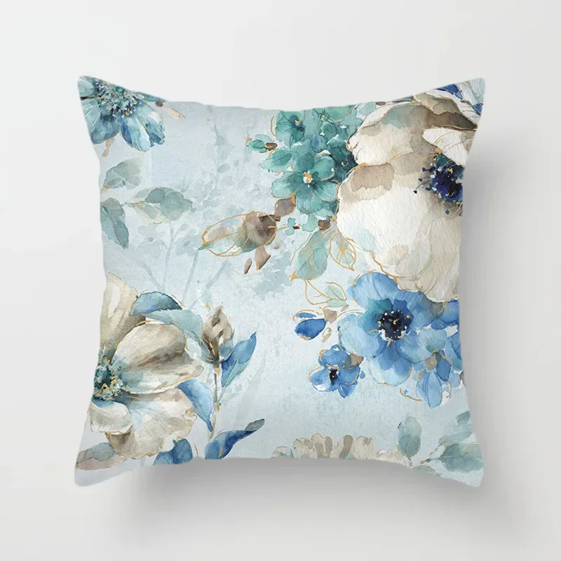 Blue flower and bird printed cushion cover polyester square sofa pillowcase home decoration office waist pillowcase45x45cm