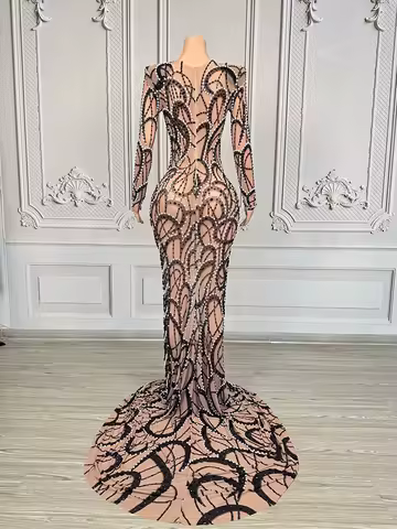 New Evening Dress Mesh Perspective Diamond Trailing Dress Nightclub Bar Dj Performance Stage Costumes Drag Queen Clothes DN21492