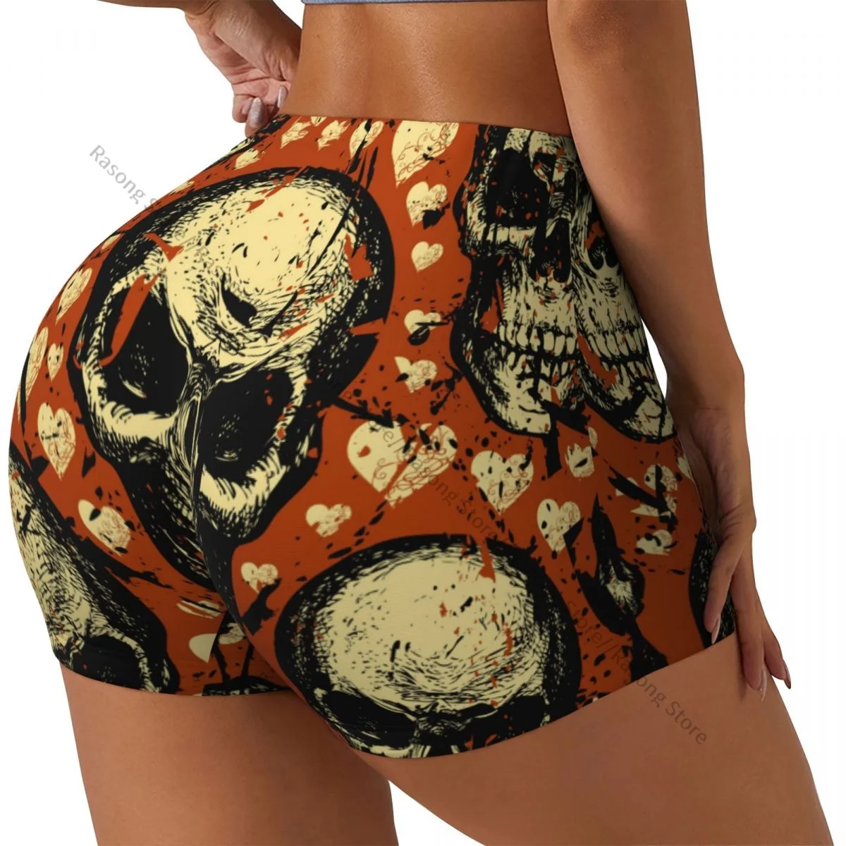 Spandex Yoga Shorts for Women Sinister Skulls And Cute Hearts Workout Booty Shorts