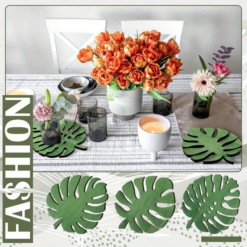 3PCS Eco-Friendly Wooden Heat Resistant Trivet Set 8 Inch Monstera Leaf Design Green Kitchen Countertop Protector Stylish