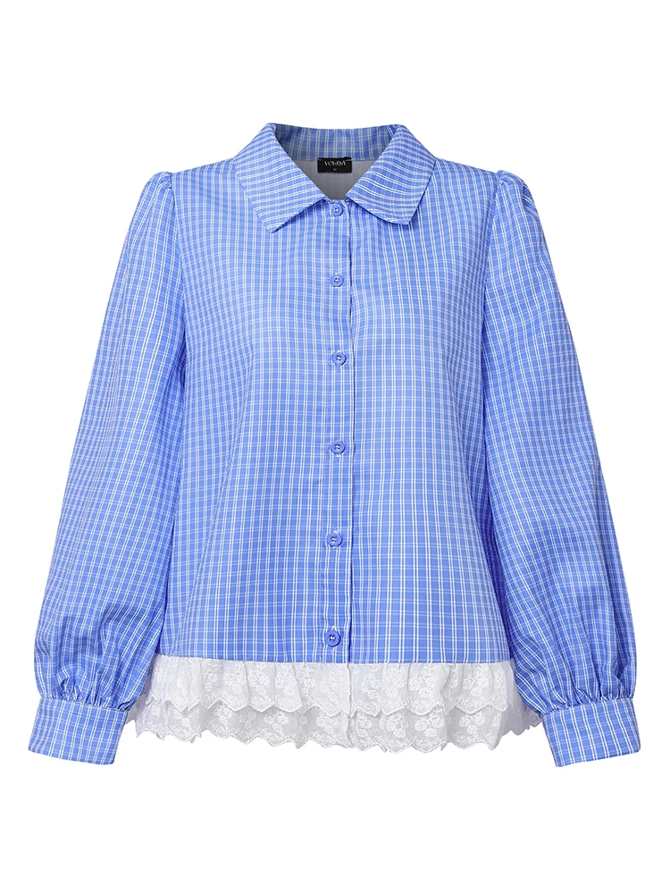 

VONDA элегантные рубашки с длинными пышными рукавами, женская модная клетчатая блузка, осень 202, кружевные лоскутные пуговицы, корейские топы, туника Blusas OL