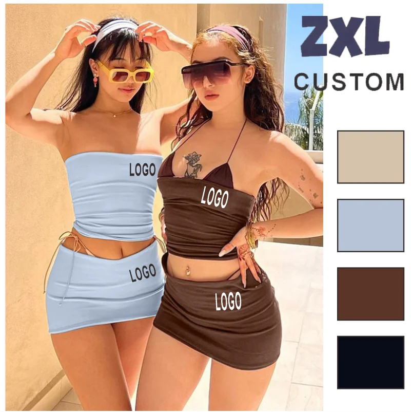 

Custom Short Skirt Outfits Low-cut Strapless Plain Color Crop Tops Low Waist Super Short Hip Skirt Ladies Party Wears Wholesale