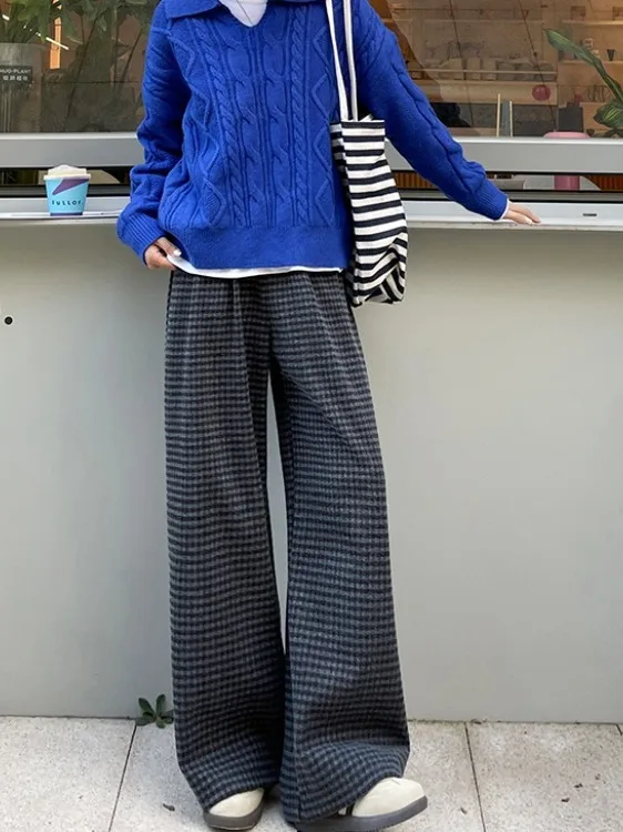 

High Waist Plaid Woolen Wide Leg Pants Autumn Winter Thiened Drape Casual Trousers Straight Cut Korean Sle plus Size