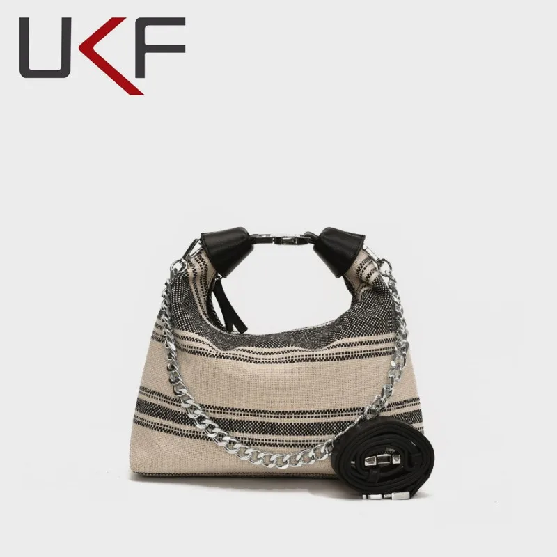 UKF Summer Straw Shoulder Bags for Women Fashion Striped Woven Beach Vacation Travel Handbags Female Shopping Totes Purse