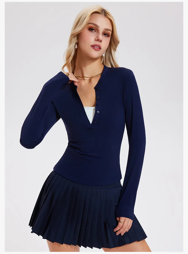 Spring Athletic Navy Women's Long Sleeve Running Top with V-Neck Button Design Tummy Control Slim Fit High Waist Seamless