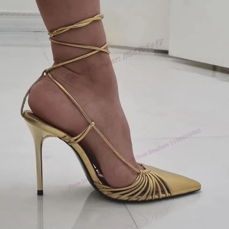 

Golden Back Strap Patent Leather Sandals Pointed Toe Shoes for Women Thin High Heels Sexy Summer Shoes 2023 Zapatos Para Mujere