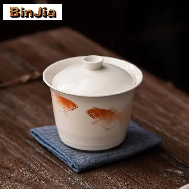 

150 мл Эстетическая ручная роспись Золотая рыбка Гавань Трава Дерево Серая глазурь Чашка Блюдце Чайная варенька Крышка для заваривания Чаша Предметы Подарки