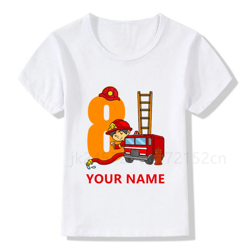 Boys/Girls Cool Name Fire Truck Birthday Numbers T-Shirt Children Boys Happy Birthday T Shirt White T-Shirt Baby