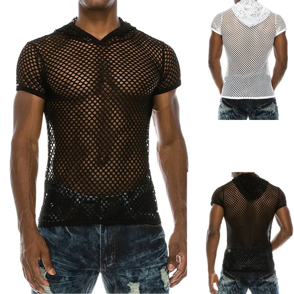 

Fashion Personalized Mens Clothing Hollowed Out Short Sleeved Mesh Tshirt Breathable Mesh Bottom Shirt Mens Pullover T-shirt