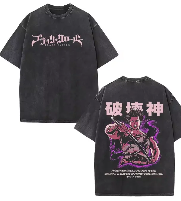 Black Clover Asta Yuno Yuno Vintage Washed Anime T-shirts Fashion Hip Hop T Cotton Short Sleeve T-shirt  Men's Women Clothing view 2