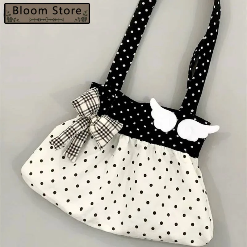 

Korean Vintage Patchwork Dots Wings Women's Handbags Kawaii Fashion Sweet Bow Shoulder Bags 2025 Y2k Aesthetic Chic Underarm Bag