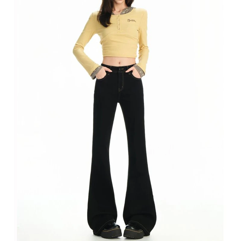 2026 Hot Sale Women Slim Fit Thin Jeans Girls High Waist Straight Leg Flared Pants Lady Chic Retro Solid Denim Trousers
