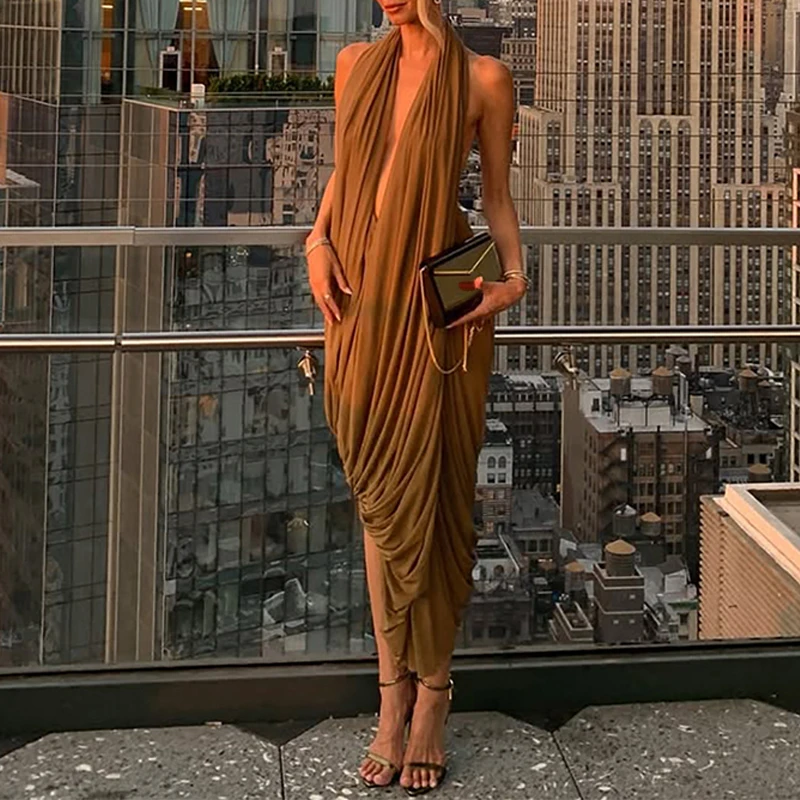 OMSJ Halter Ruched Irregular Backless Summer Sleeveless Trendy Bodycon Loose Maxi Dress Women Y2k Sexy Elegant Party Vestidos
