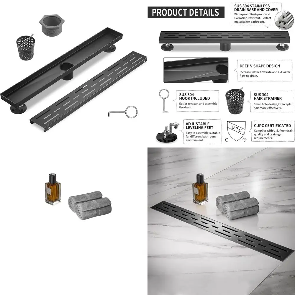 Ralo de Chuveiro Preto Fosco de 32 Polegadas com Grelha Removível, Ralo Embutido de Aço Inoxidável, Inclui Cesto Coletor de Cabelos