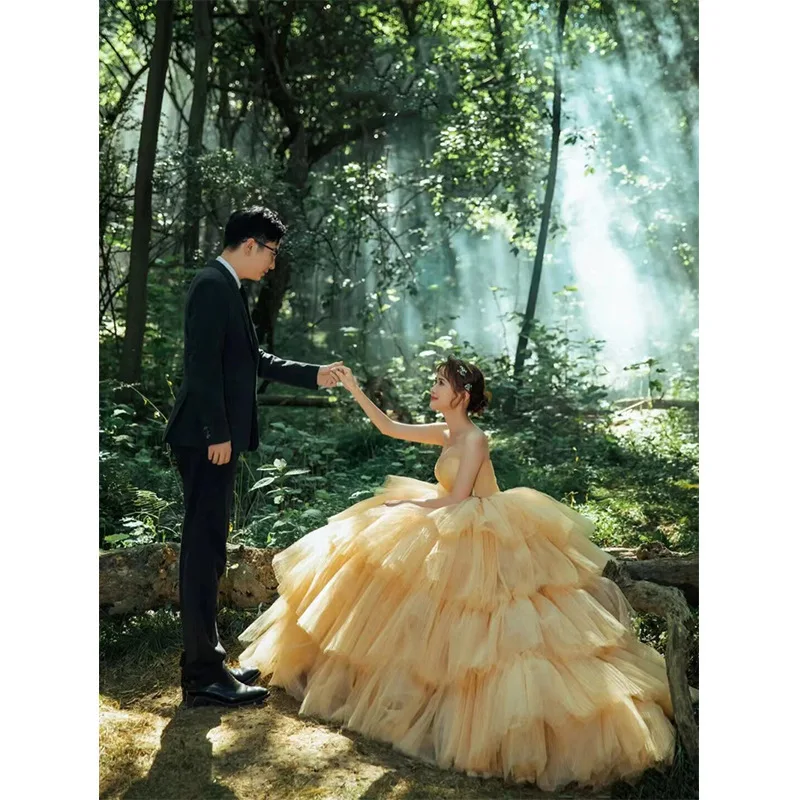 

Сексуальное свадебное платье для фотосессий на открытом воздухе, длинное, с завышенной талией, из европейской органзы, для путешествий, для фотосъемки, для невесты, нежное, свадебное платье