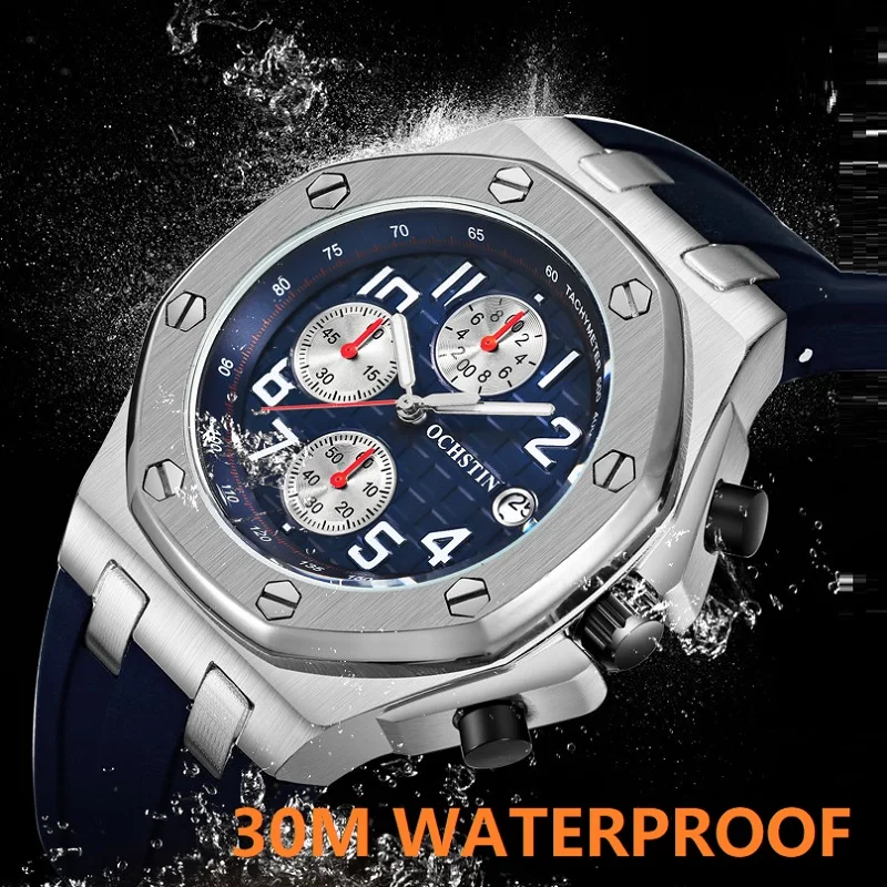 Swiss Brand Ochstin Men Sports Chronograph Quartz Wristwatch Waterproof Silicone Strap Calendar Luminous New Relogio Masculino