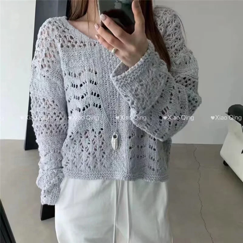 

2024 Spring/Summer New Knitted Hollow Thin Sun Protection Cover Long sleeved Solid Color Loose Lazy Style Top for women