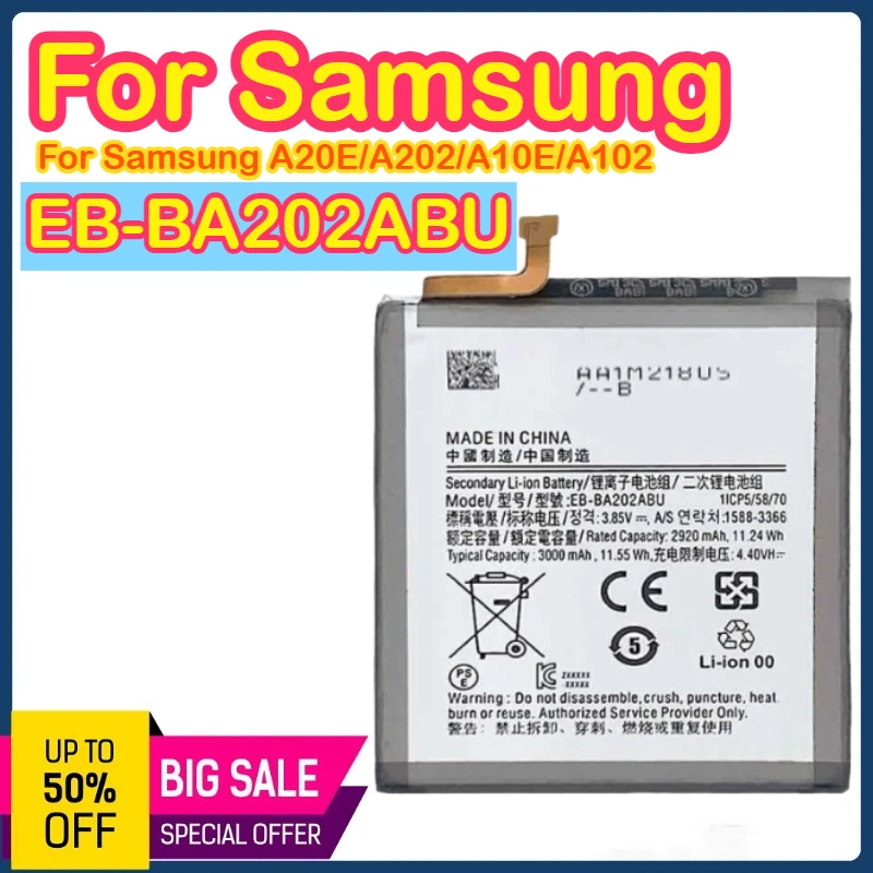 

EB-BA202ABU 3000 мАч 3,8 В аккумулятор для телефона Samsung Galaxy A20E/A202/A10E/A102 EB-BA202ABU