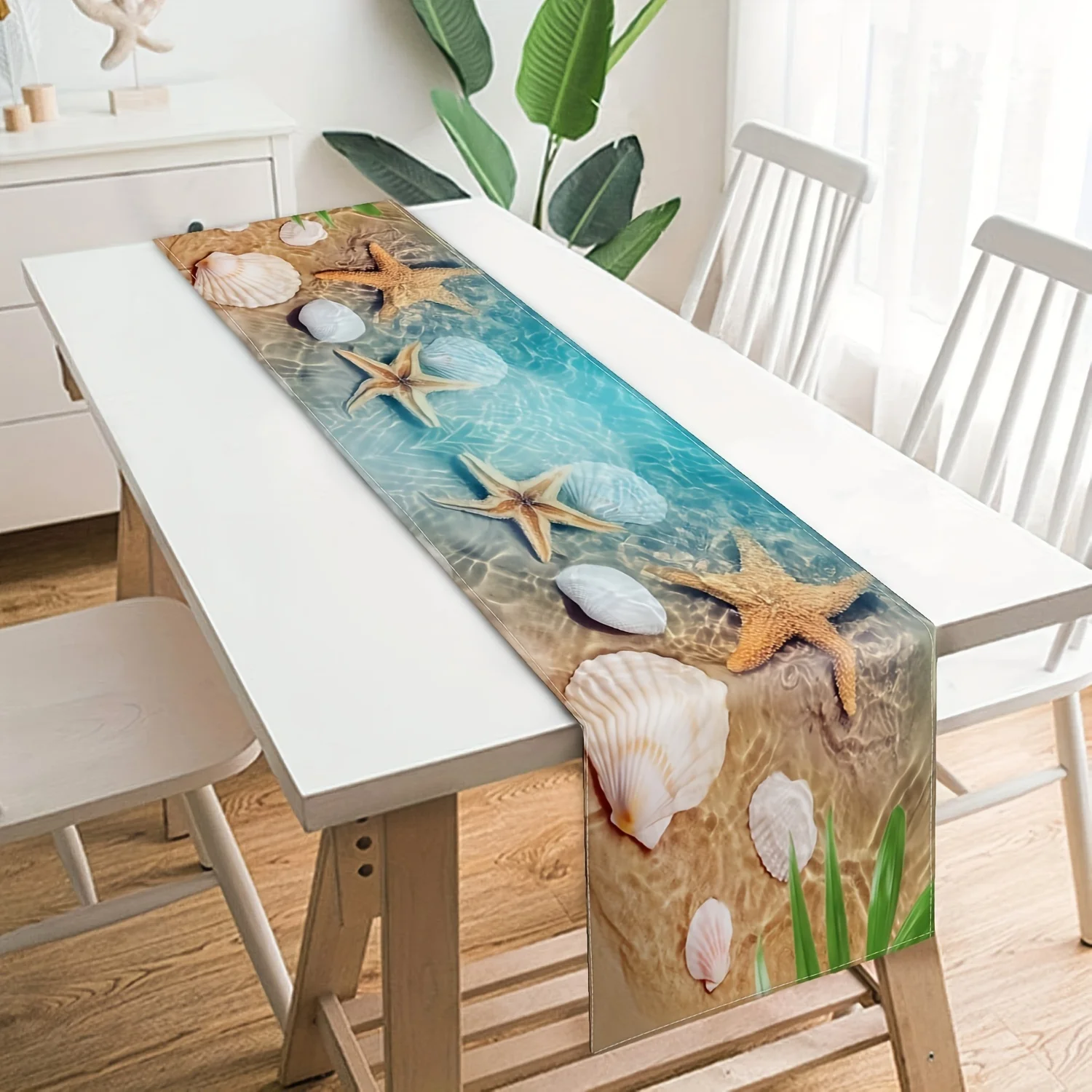 1pc Starfish Shells Printed Linen Table Runner  Decor Holiday Wedding Party Kitchen Dining Table Nautical Style Home Ornament
