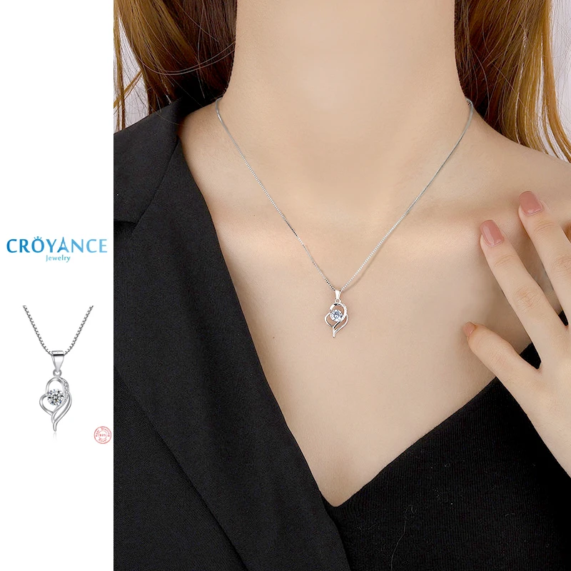 925 Sterling Silver Elegant Double Layer Heart Zircon Pendant Necklaces Women Jewelry Gift 3D Shape Design Rhinestone Choker