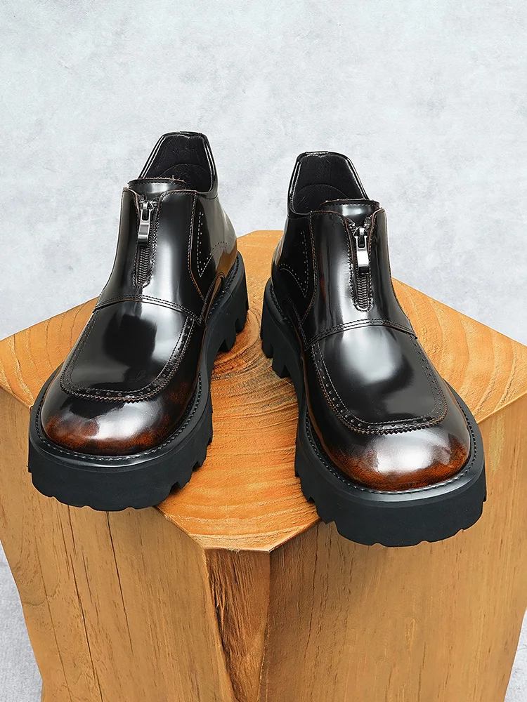 Autumn and Winter New Men's Leather Chelsea Boots, Business Round Head Platform High-top Handmade Trendy Men's Shoes
