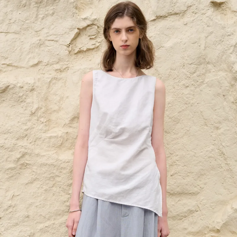Fashionable Cotton and Linen Tops Women Sexy Sleeveless Split White Vests Summer Casual Newly High Street Holiday Beach Shirts