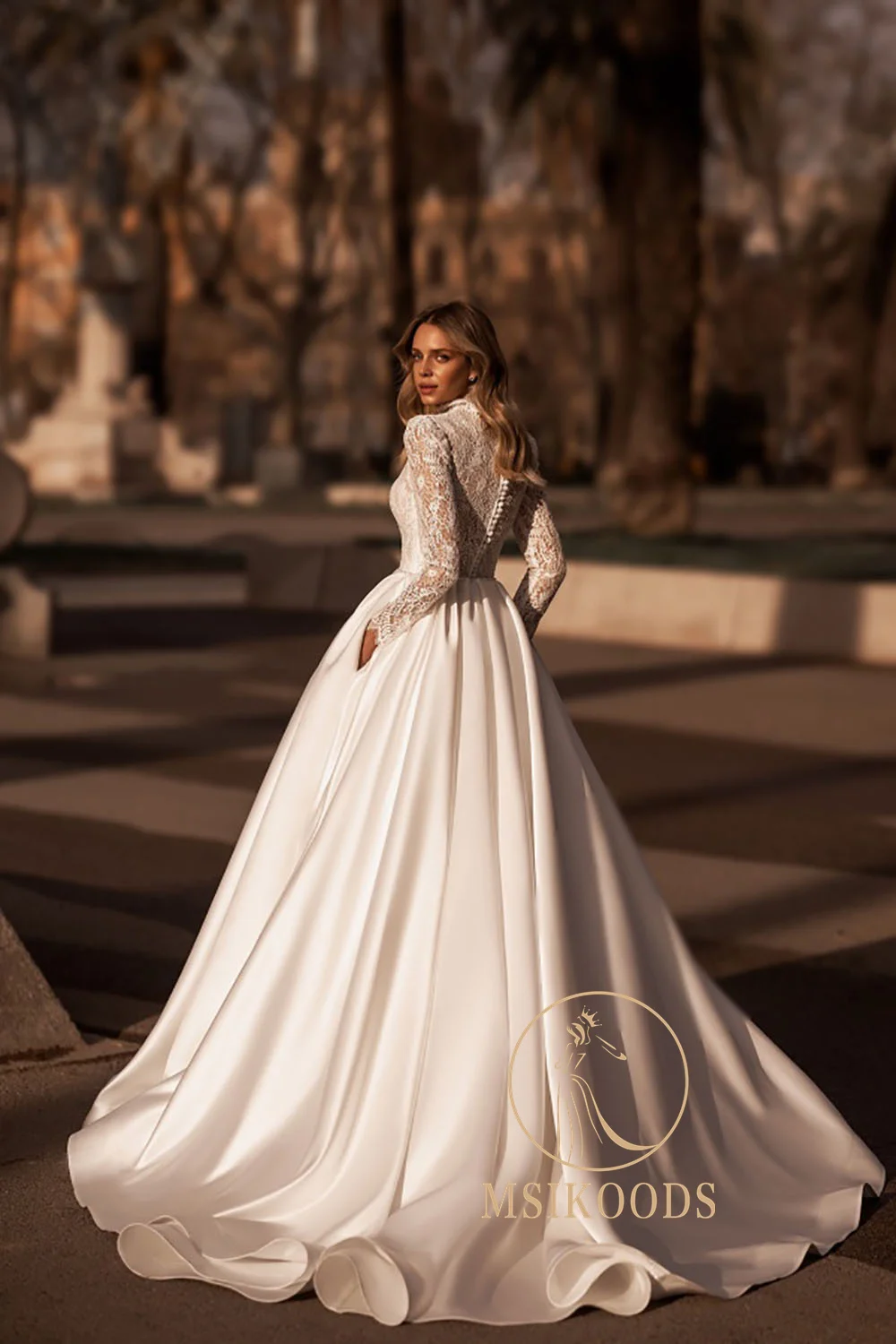 Msikoods Gaun Pengantin Lengan Panjang Renda Gaun Pengantin Elegan Leher Tinggi 2025 Gaun Pengantin Sederhana Antik Wanita Satin Disesuaikan