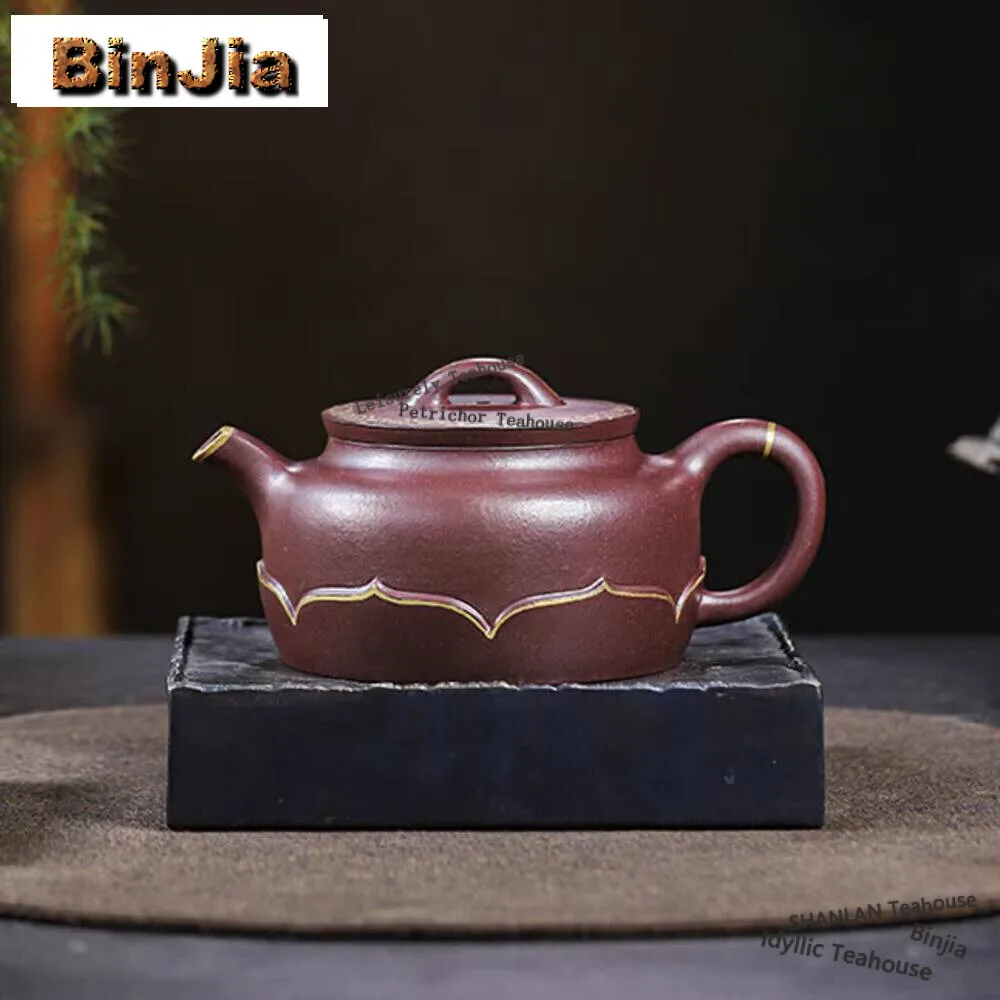 350ML Creative Yixing Purple Clay Teapots Handmade  Gold Tracing Pot Raw Ore Purple  Mud Kettle Chinese Zisha Tea Set Ornaments