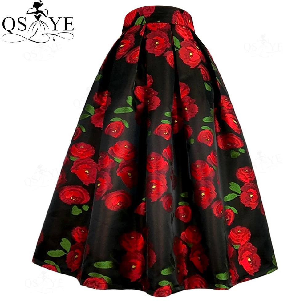 

Red Flower Black A line Overskirt Skirt Colorful Heavy Satin Women Overlay Evening Skirt Long Box Pleated Maxi Party Dresses