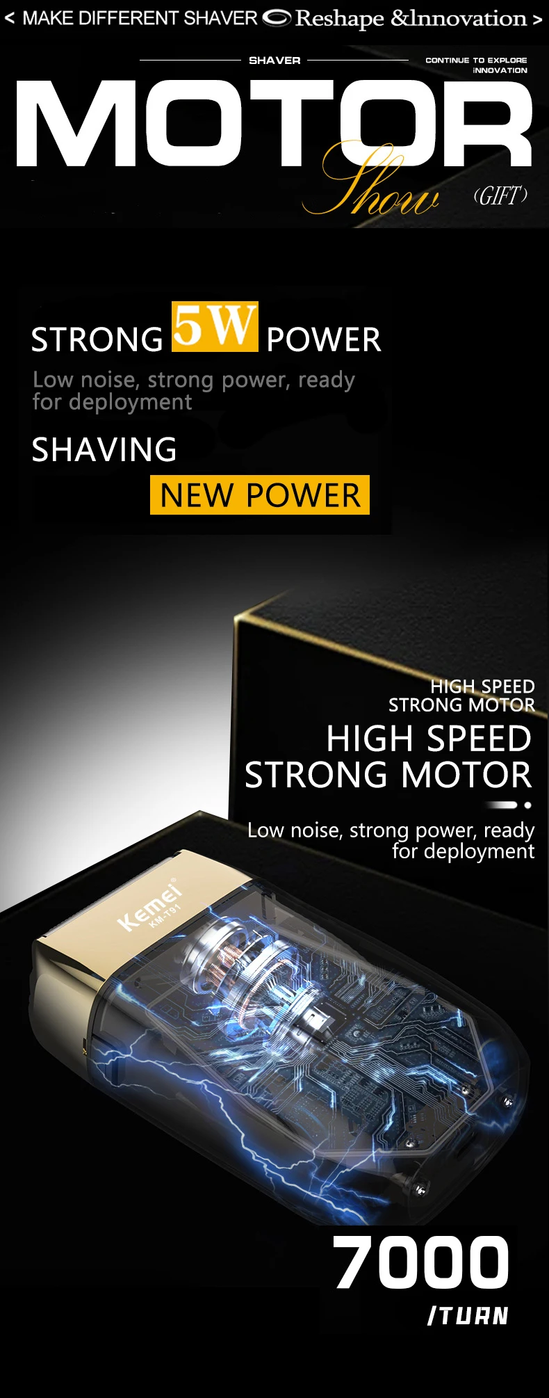 Kemei Elektrische Triple Klingen Rasierer Wiederaufladbare Barber Folie Rasierer Professionelle Cordless Glatze Rasieren Maschine Männer KM-T91 – Detail 6